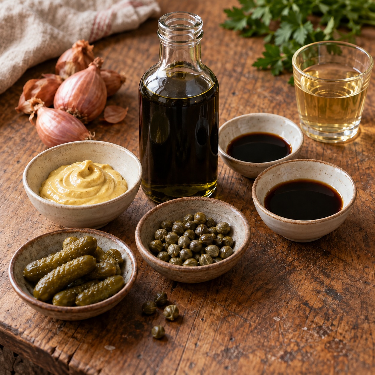 Zutaten für die Beef-Tatar-Marinade mit Kürbiskernöl, Dijon-Senf, Schalotten, Gurkerl und Kapern